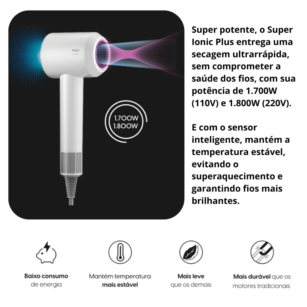 Secador de Cabelo Super Ionic Plus Branco 1700W 3 Temperaturas Jato Frio e Difusor - Elgin