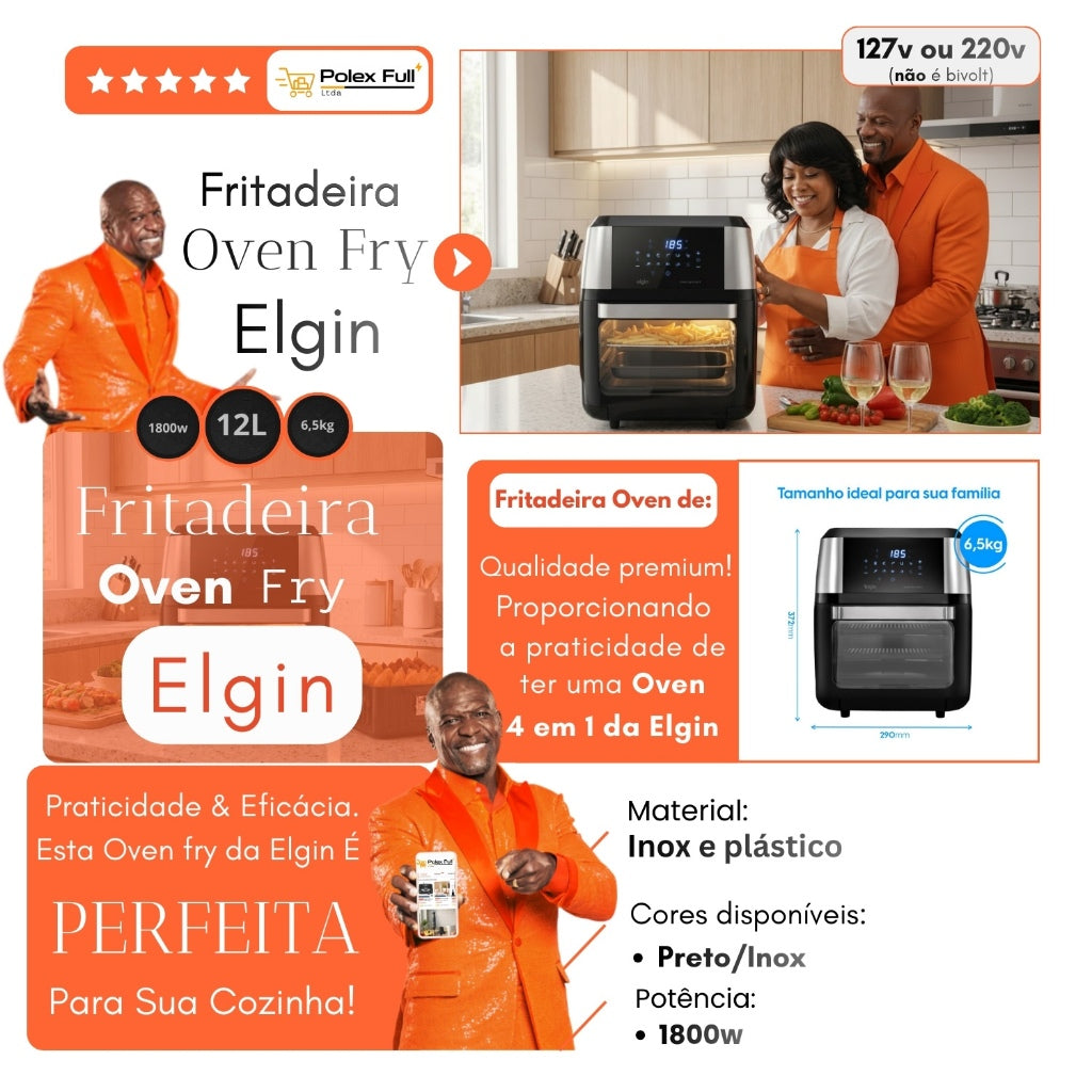 Fritadeira Oven Fry 4 em 1 Elgin Display Digital 12 Litros 1800W + Brinde Jogo Americano