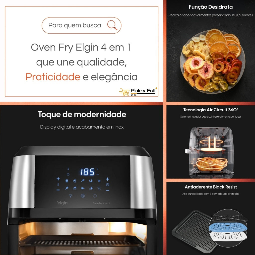 Fritadeira Oven Fry 4 em 1 Elgin Display Digital 12 Litros 1800W + Mixer de Mão Elgin 2 em 1