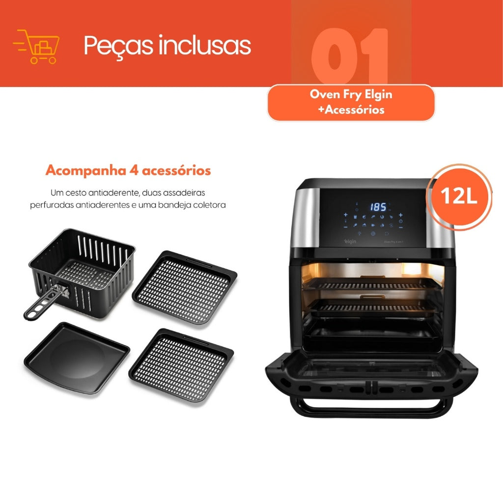 Fritadeira Oven Fry 4 em 1 Elgin Display Digital 12 Litros 1800W + Mixer de Mão Elgin 2 em 1