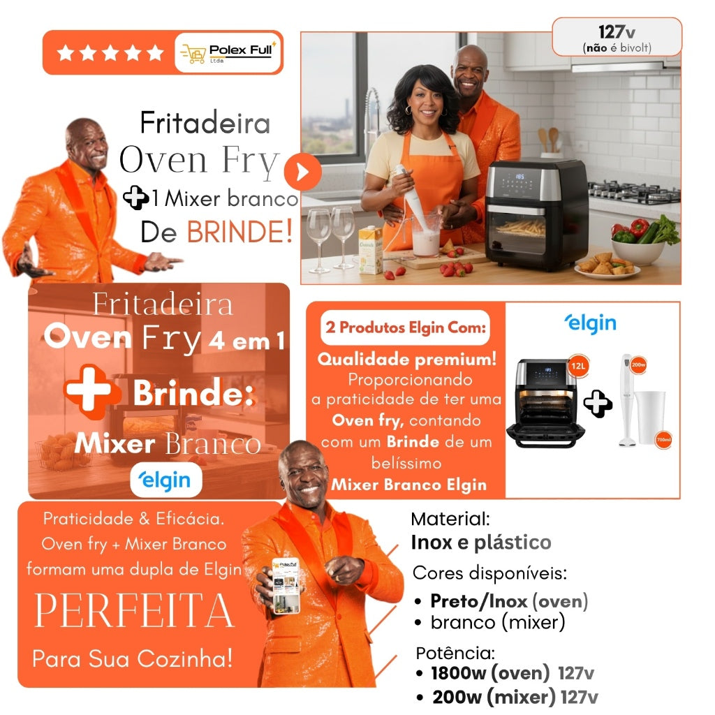 Fritadeira Oven Fry 4 em 1 Elgin Display Digital 12 Litros 1800W + Mixer de Mão Elgin 2 em 1