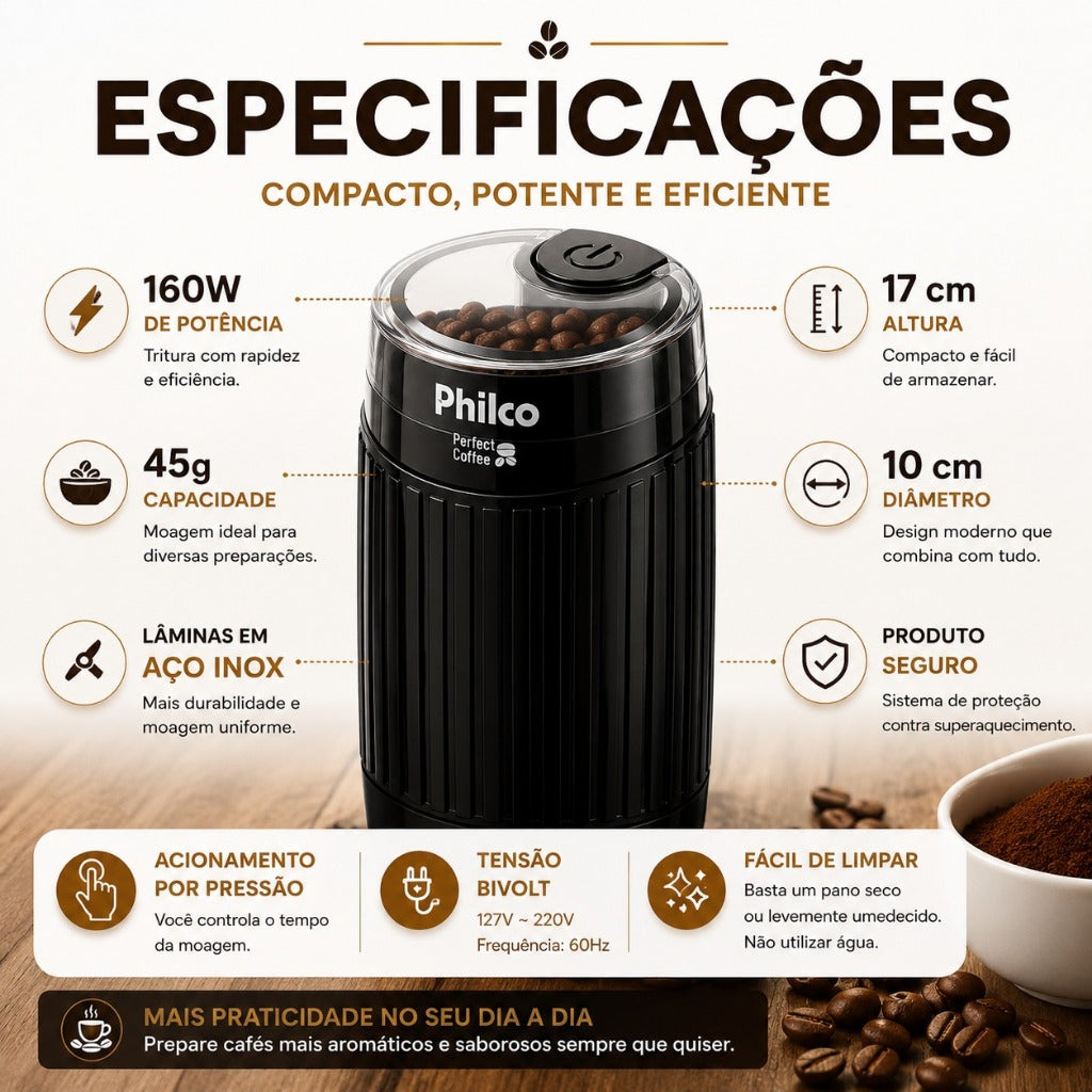 Moedor de Café Philco Perfect Coffee 190W - Prático Café em Fresco Moer Grãos
