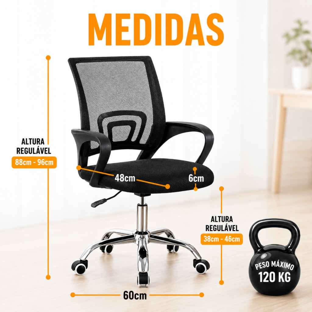 Cadeira de Escritório Giratória Ergonômica Preta, Regulável, Rodinhas Silenciosas