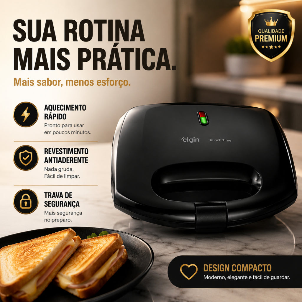 Sanduicheira Grill 2 Em 1 Brunch Time Elgin - Antiaderente, 800W