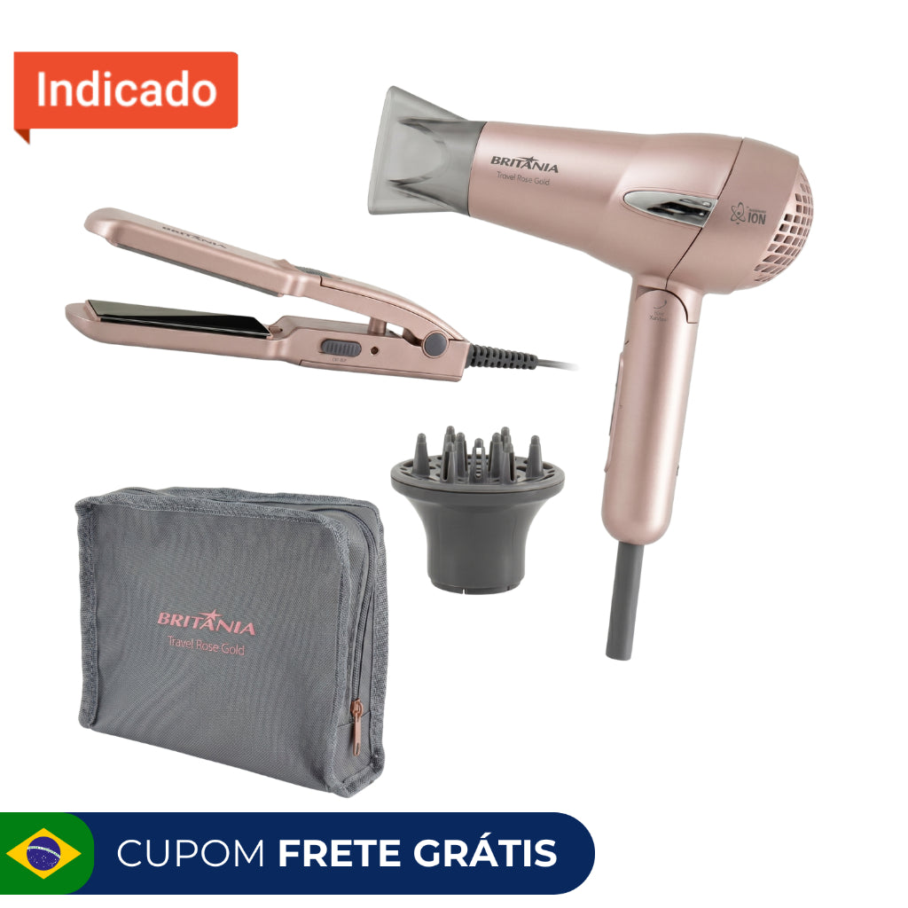 Kit Travel Shine Britania Rose Gold Compacto P/ Viagens Secador + Prancha Rosa - Bivolt