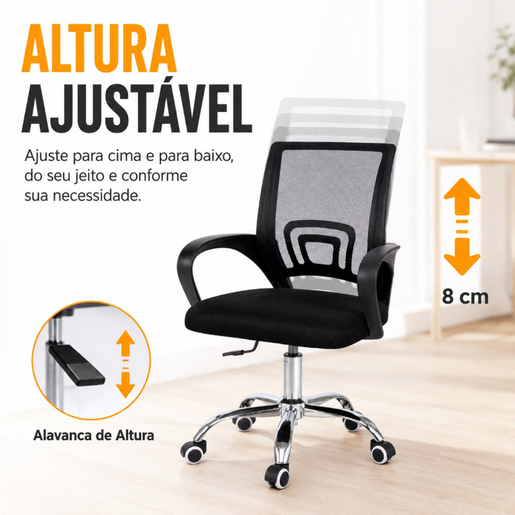 Cadeira de Escritório Giratória Ergonômica Preta, Regulável, Rodinhas Silenciosas