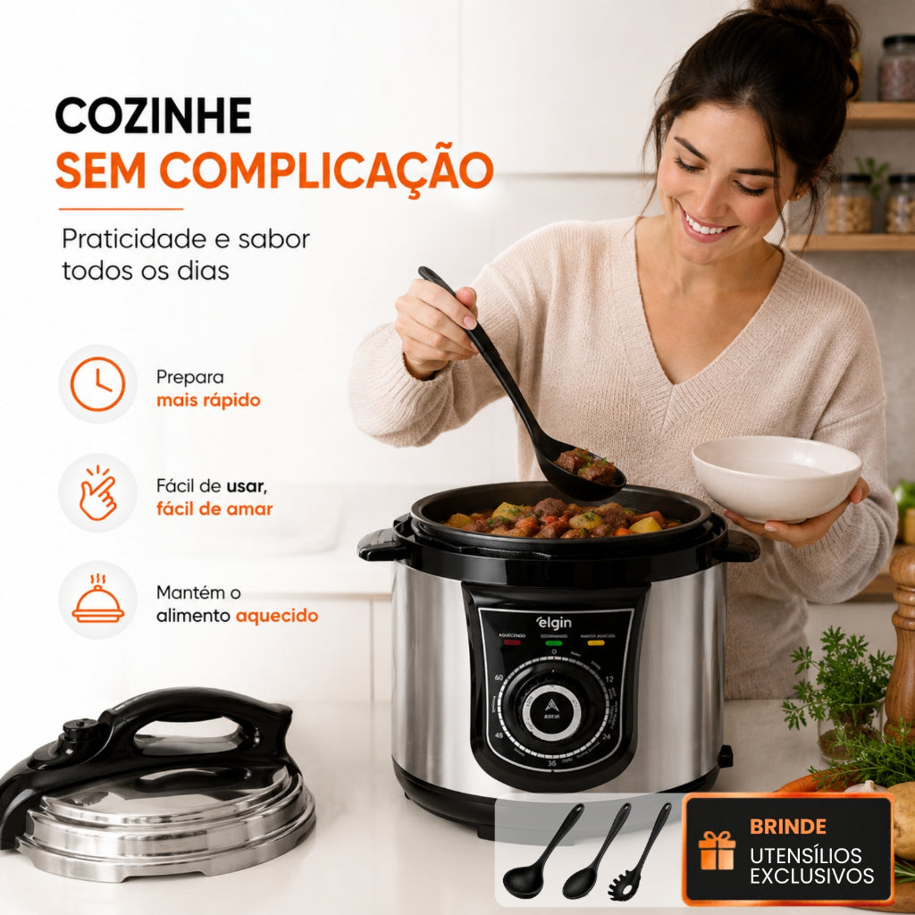 Panela De Pressão Elétrica Elgin 4l Inox + Brinde Utensílios