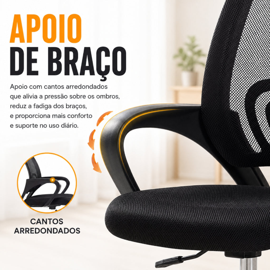 Cadeira de Escritório Giratória Ergonômica Preta, Regulável, Rodinhas Silenciosas
