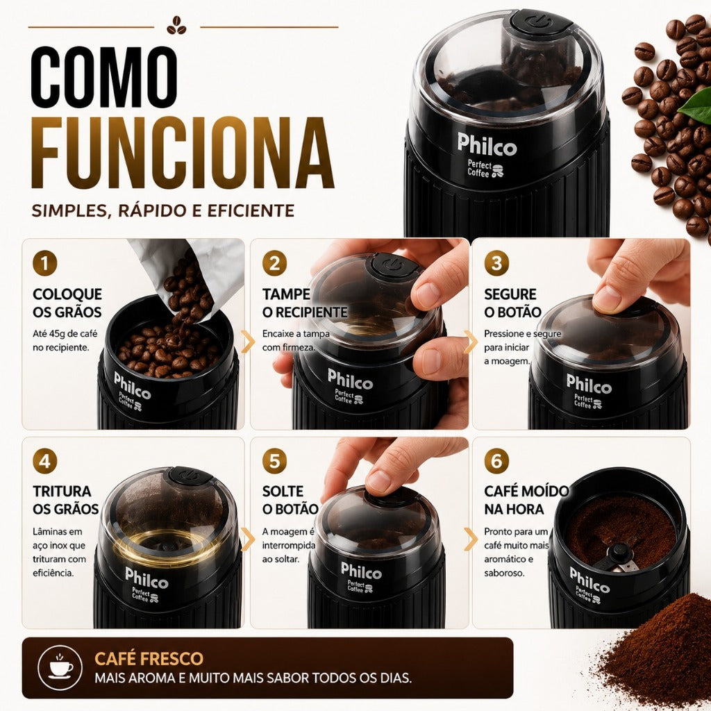 Moedor de Café Philco Perfect Coffee 190W - Prático Café em Fresco Moer Grãos