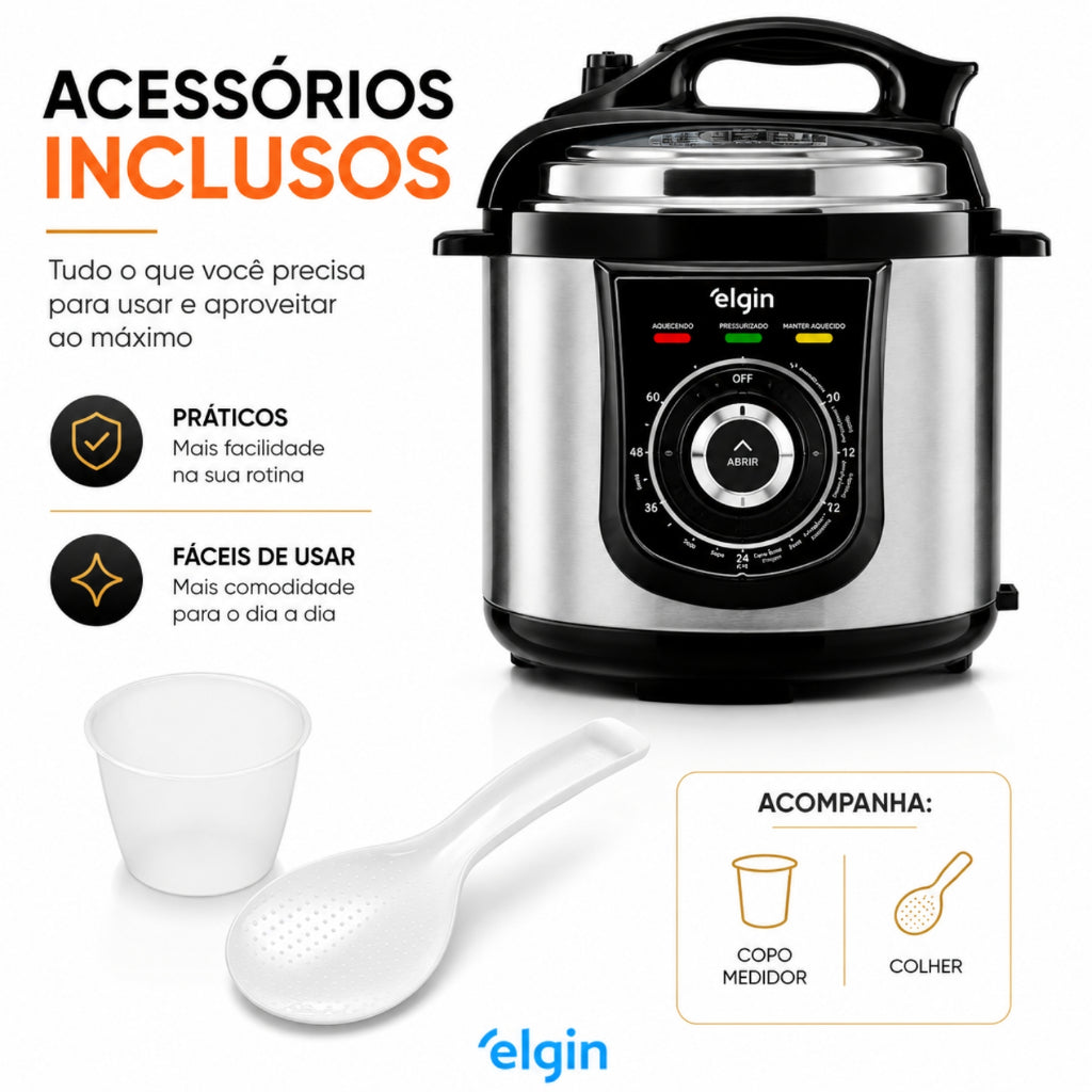 Panela De Pressão Elétrica Elgin 4l Inox + Brinde Utensílios
