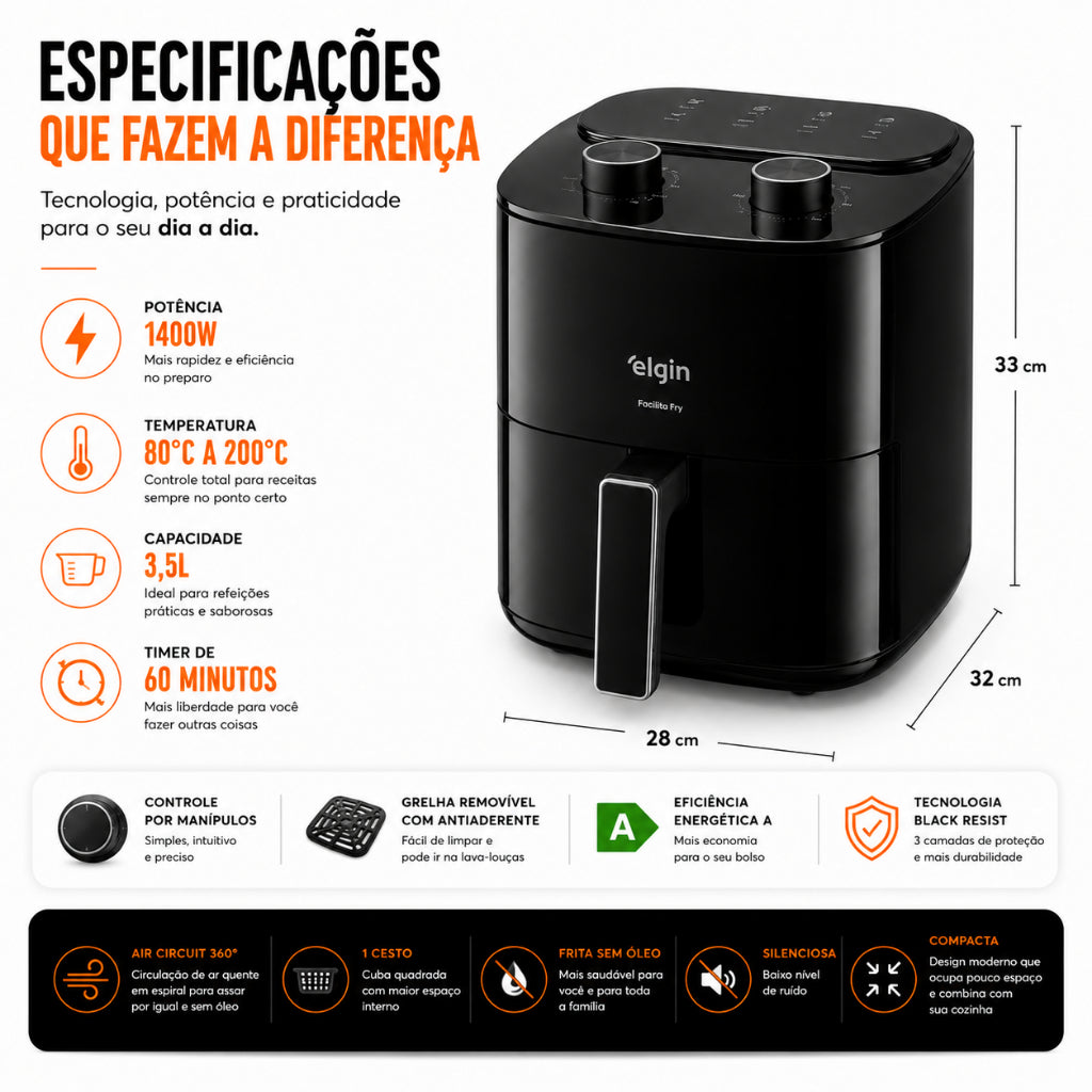 Fritadeira Air Fryer Facilita Fry 3,5 Litros Preta Elgin