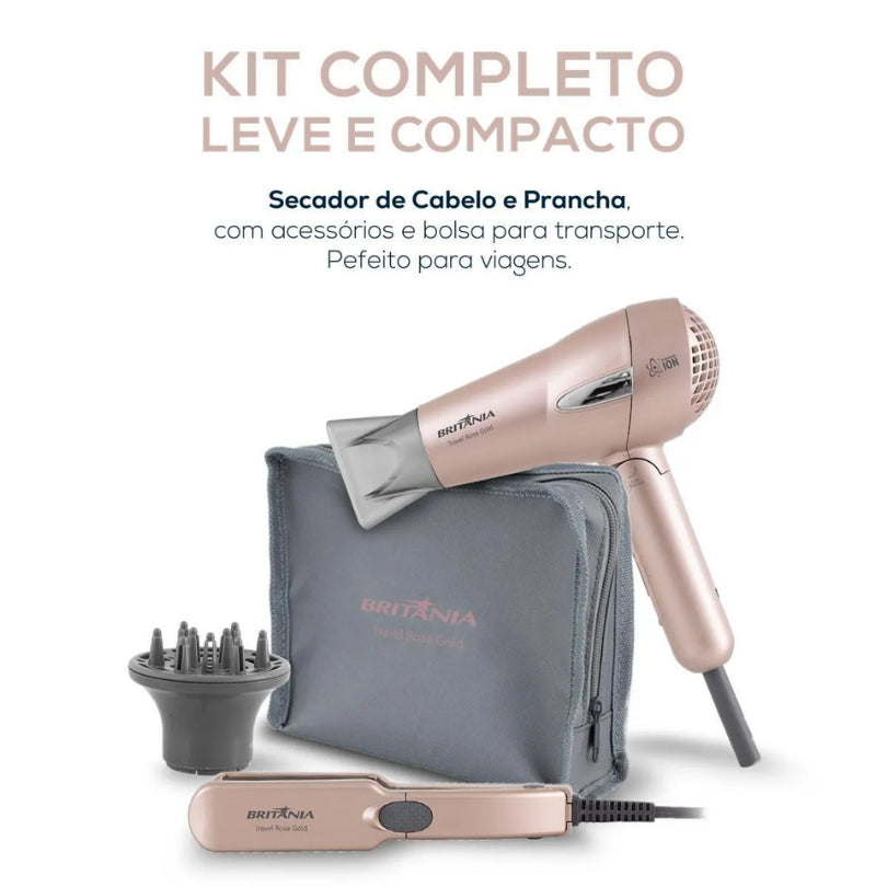 Kit Travel Shine Britania Rose Gold Compacto P/ Viagens Secador + Prancha Rosa - Bivolt