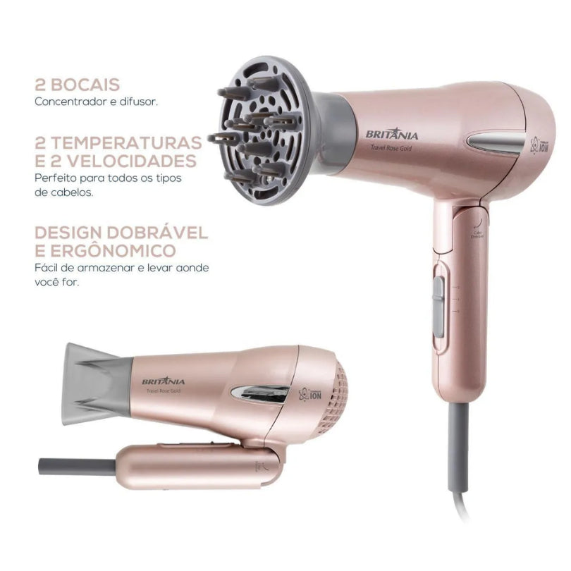 Kit Travel Shine Britania Rose Gold Compacto P/ Viagens Secador + Prancha Rosa - Bivolt