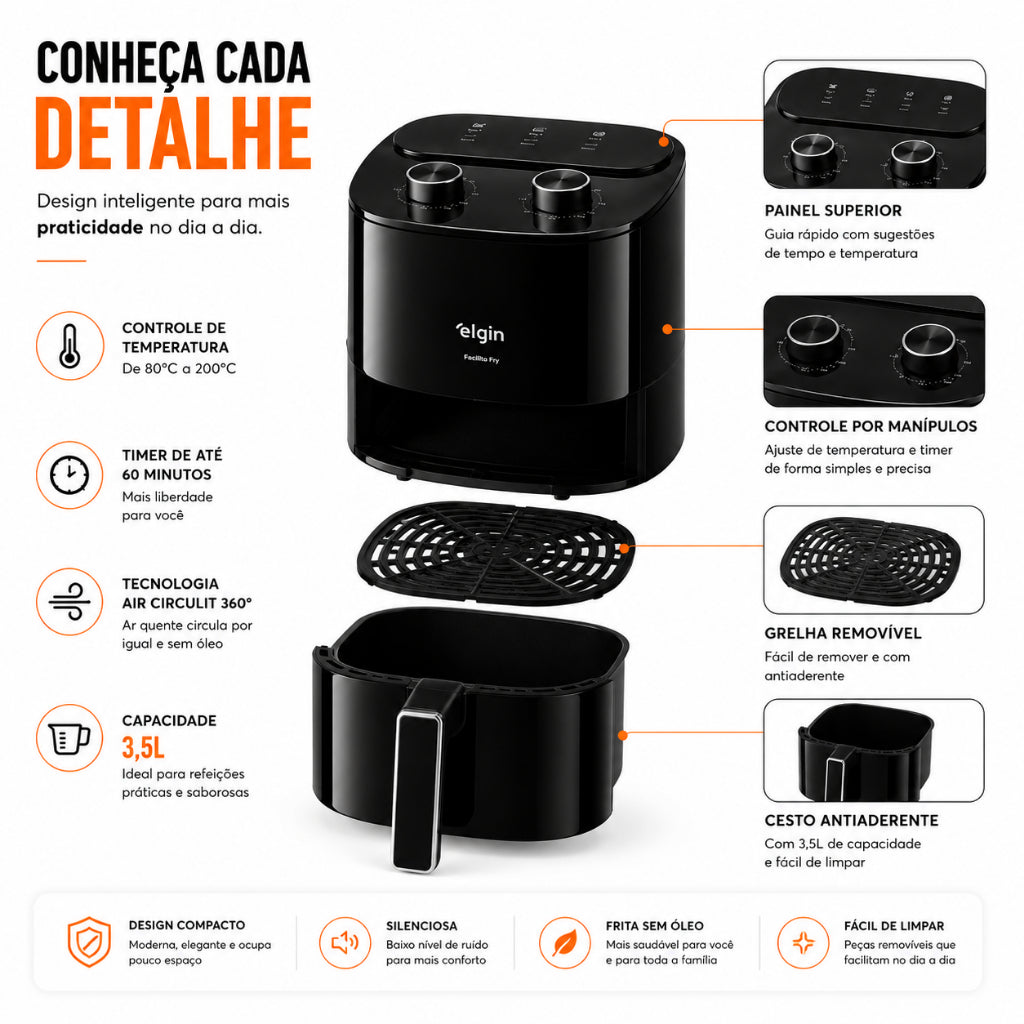Fritadeira Air Fryer Facilita Fry 3,5 Litros Preta Elgin
