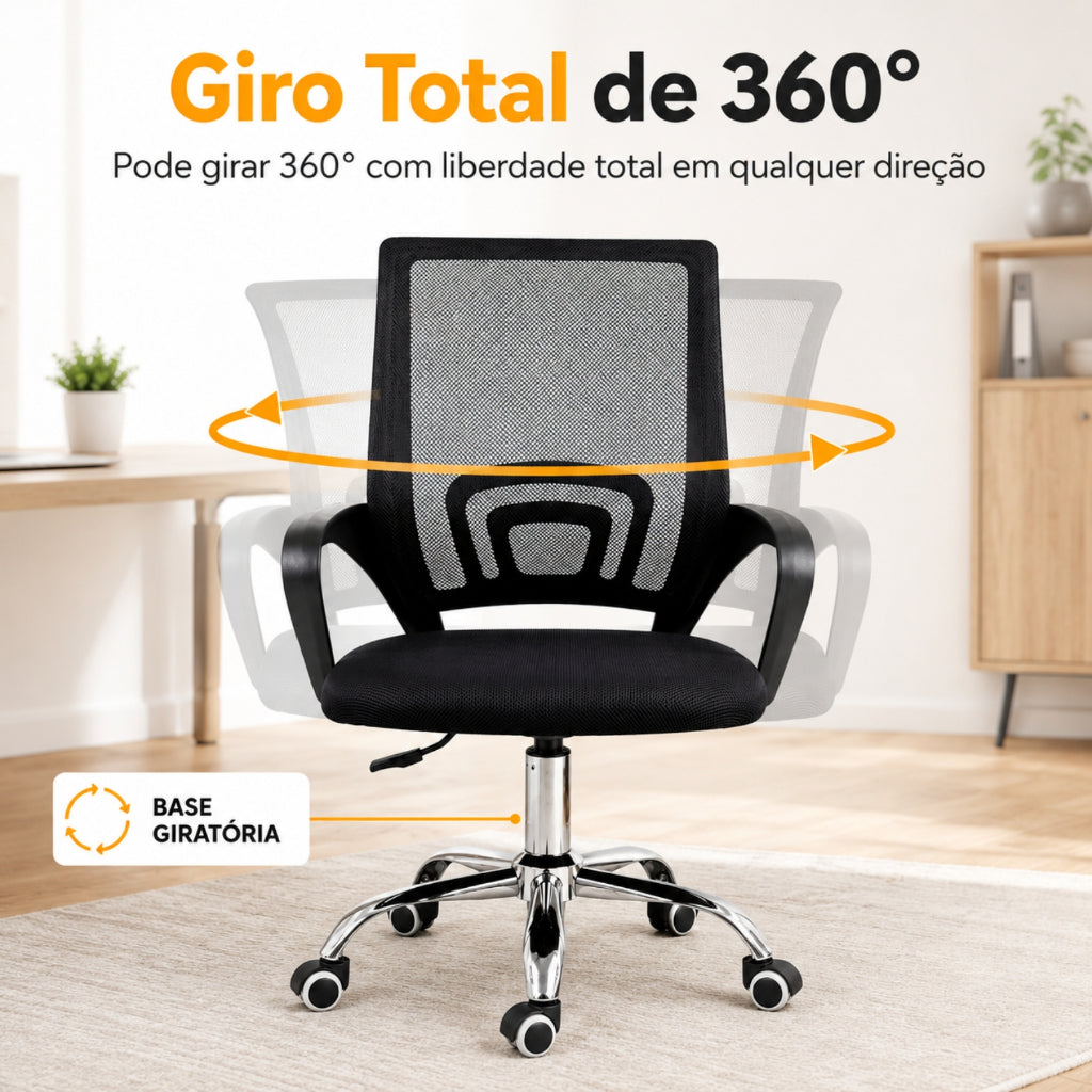 Cadeira de Escritório Giratória Ergonômica Preta, Regulável, Rodinhas Silenciosas