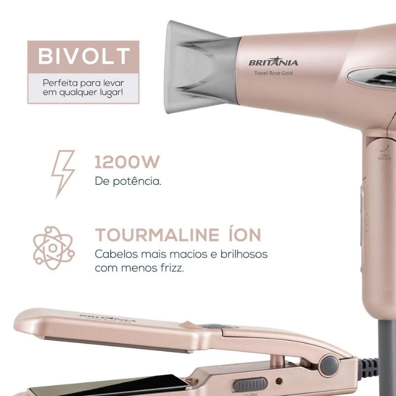 Kit Travel Shine Britania Rose Gold Compacto P/ Viagens Secador + Prancha Rosa - Bivolt
