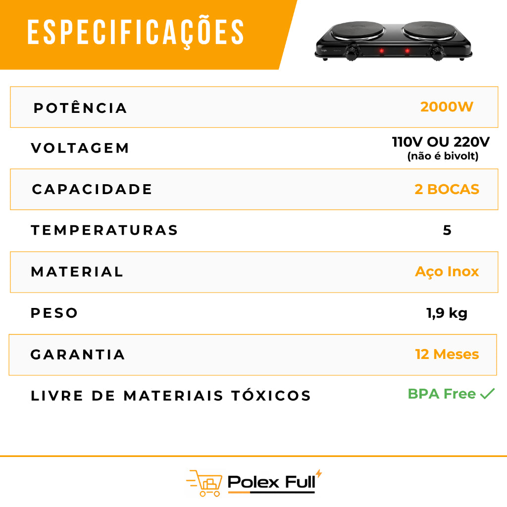 Fogão Elétrico Portátil 2 Bocas 2000W Elgin – Compacto, Potente, Aquecimento em segundos