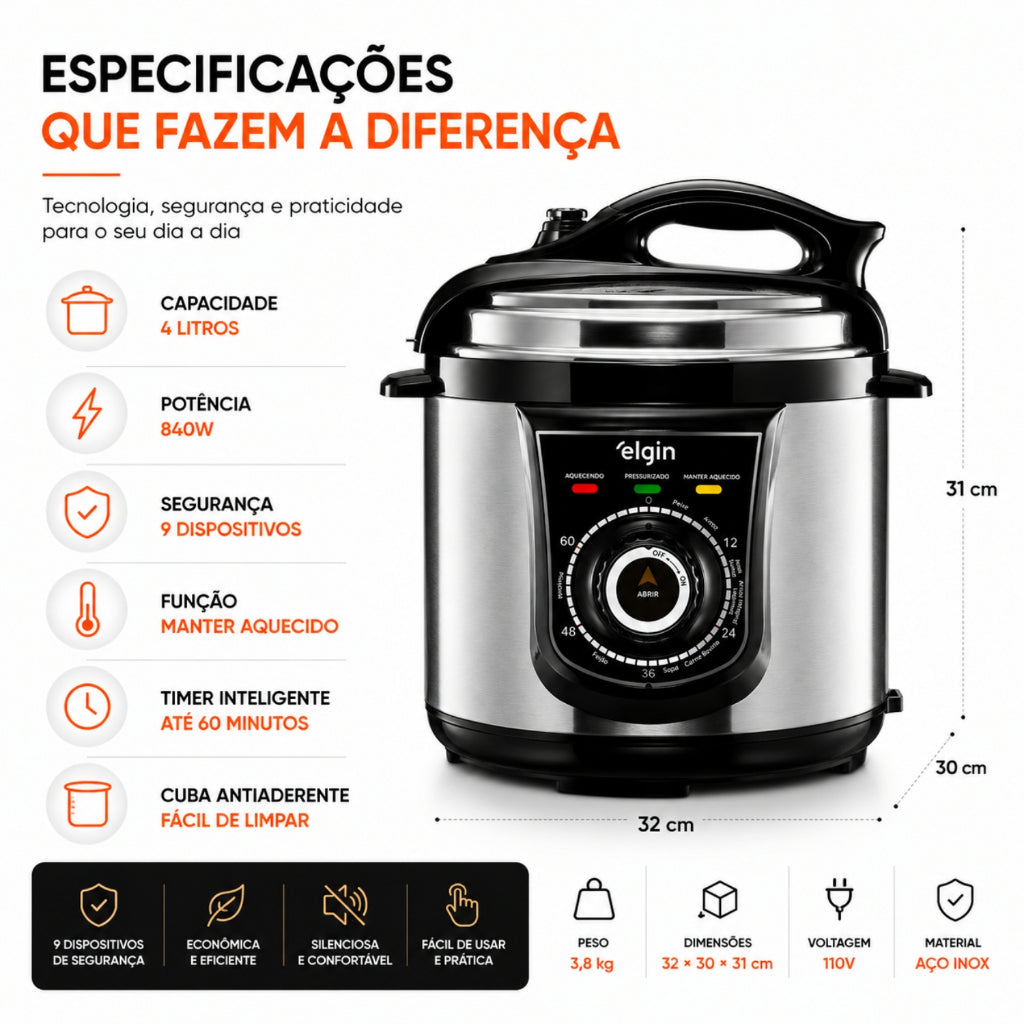 Panela De Pressão Elétrica Elgin 4l Inox + Brinde Utensílios