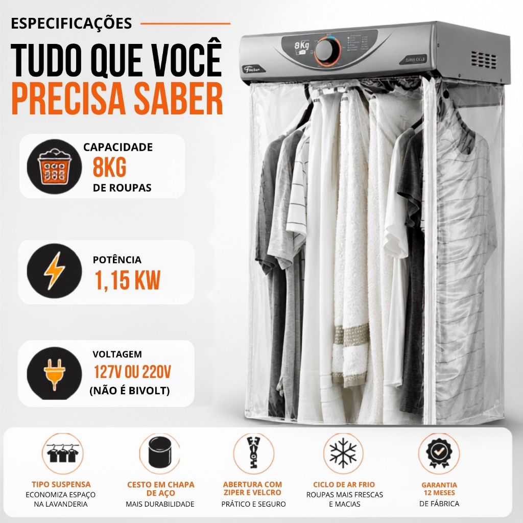 Secadora de Roupas de Parede 8Kg Super Ciclo Branca/Cinza Fischer