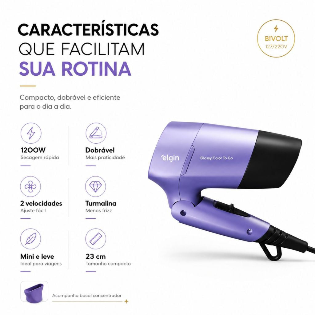 Secador Glossy Color To Go Para Viagem 1200w Bivolt Elgin