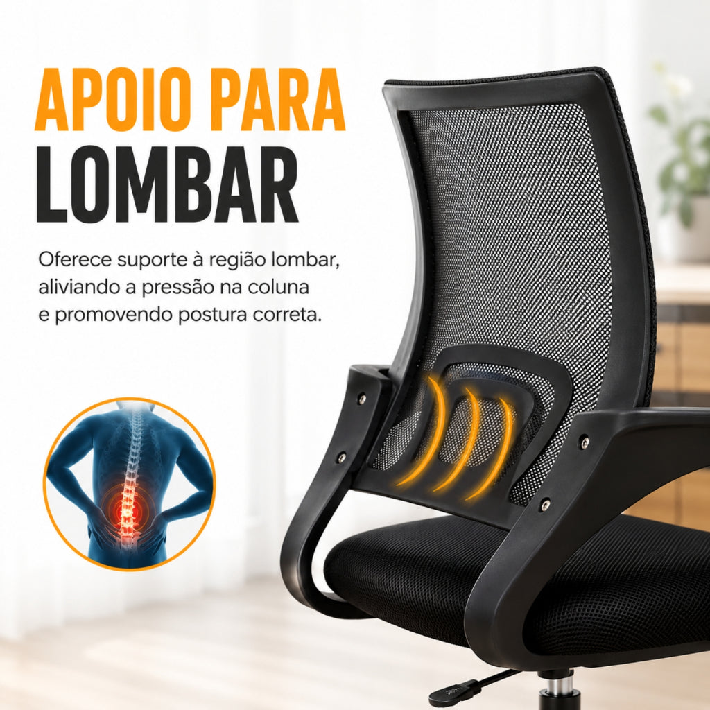 Cadeira de Escritório Giratória Ergonômica Preta, Regulável, Rodinhas Silenciosas