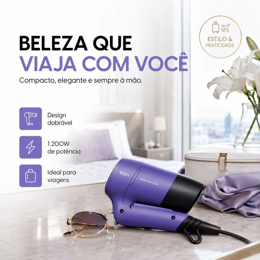 Secador Glossy Color To Go Para Viagem 1200w Bivolt Elgin