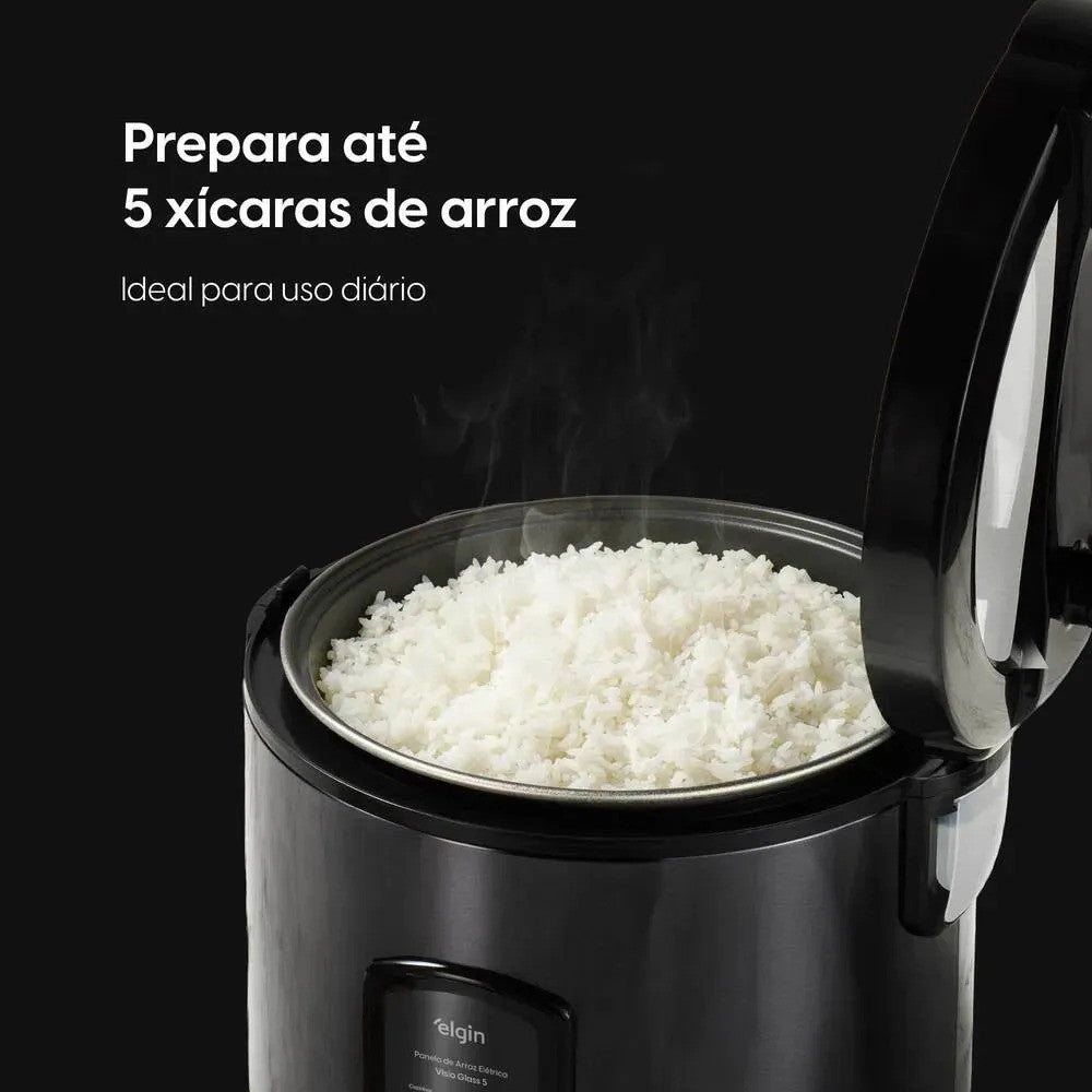 Elgin Visio Glass Panela de Arroz Elétrica 5 Xícaras 400W Tampa de Vidro Função Vapor