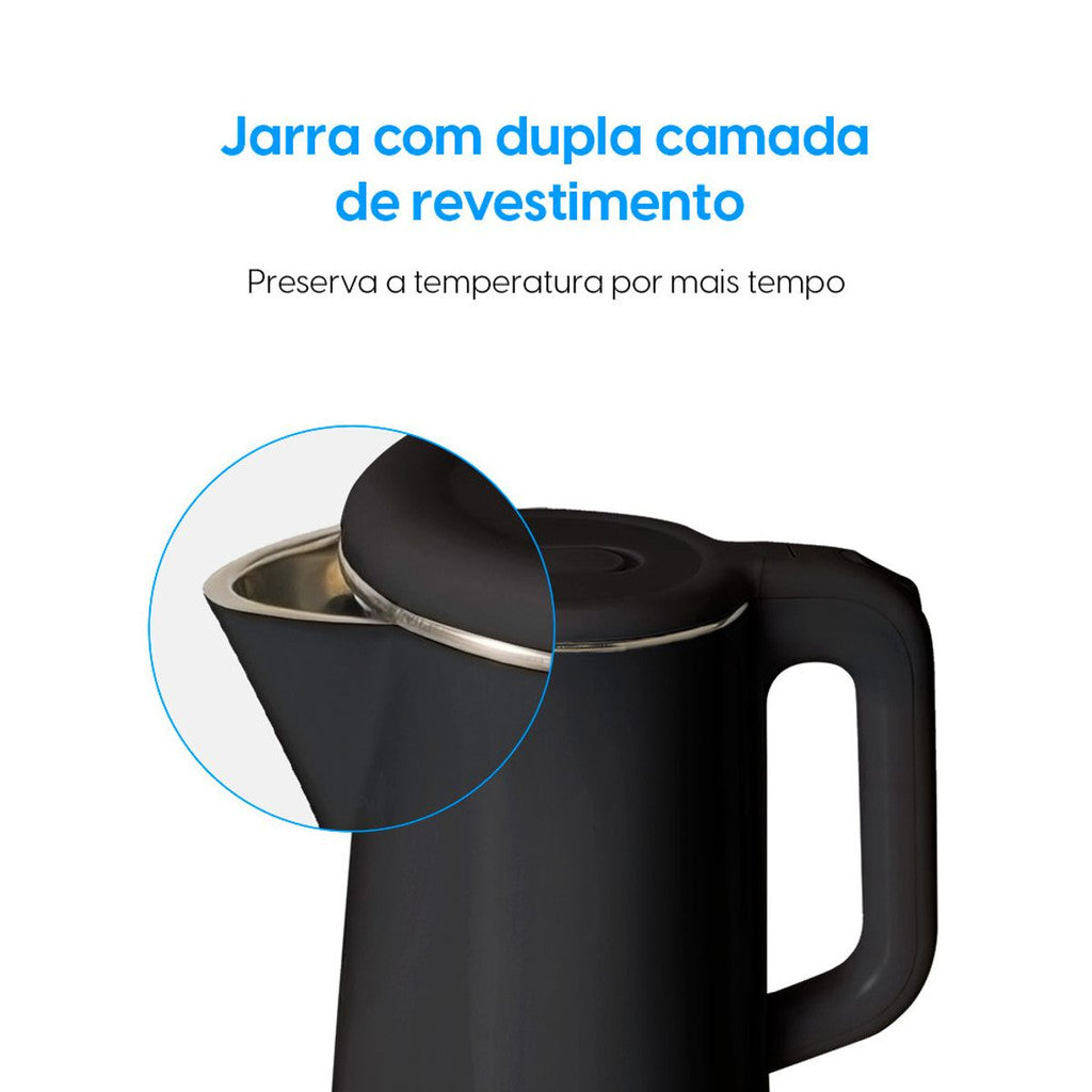 Chaleira Elétrica Slim Preta – Jarra sem Fio 1,8 Litros Desligamento Automático 1.200W