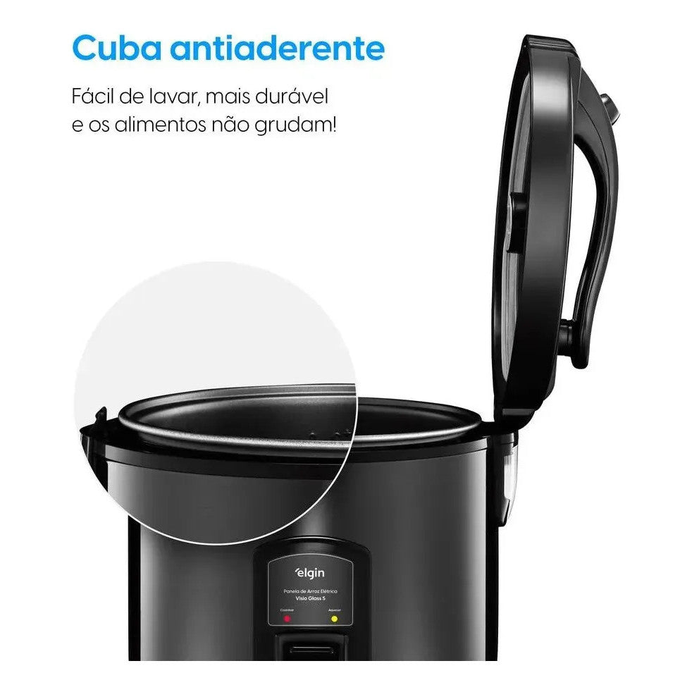 Elgin Visio Glass Panela de Arroz Elétrica 5 Xícaras 400W Tampa de Vidro Função Vapor