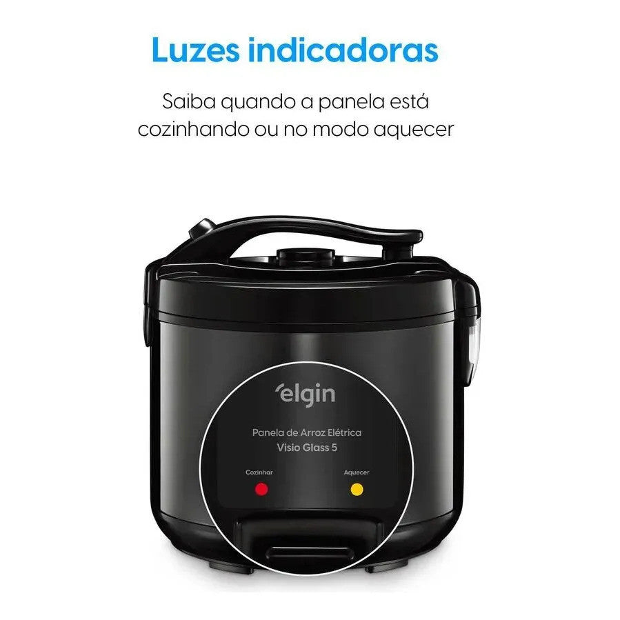 Elgin Visio Glass Panela de Arroz Elétrica 5 Xícaras 400W Tampa de Vidro Função Vapor